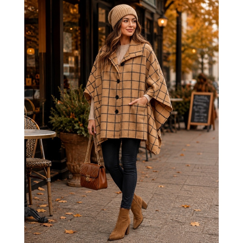 Le Moda Camel Windowpane Plaid Poncho Cape Women One Size Quiet Luxury Fall
